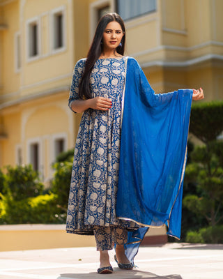 Bagru Print Blue Colored Dress Set - Ria Fashions