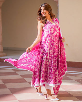Cotton Dress Set - Pink Colored Dabu Print - Ria Fashions