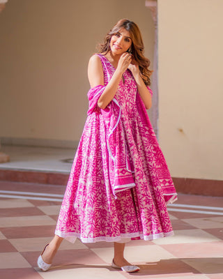 Cotton Dress Set - Pink Colored Dabu Print - Ria Fashions