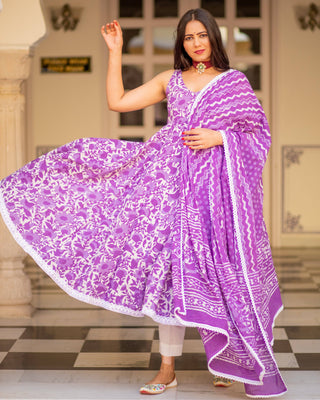 Cotton Dress Set - Purple Colored Dabu Print - Ria Fashions