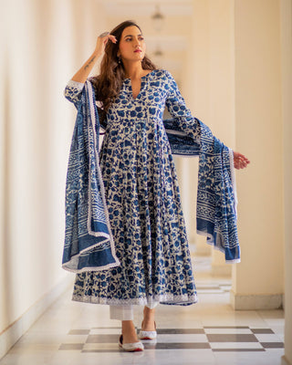 Cotton Dress Set - Indigo Colored Dabu Print - Ria Fashions