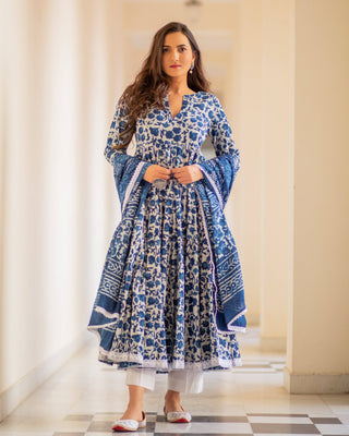 Cotton Dress Set - Indigo Colored Dabu Print - Ria Fashions