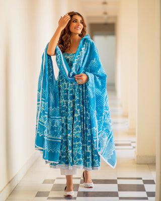 Cotton Dress Set - Turqoise Colored Dabu Print - Ria Fashions