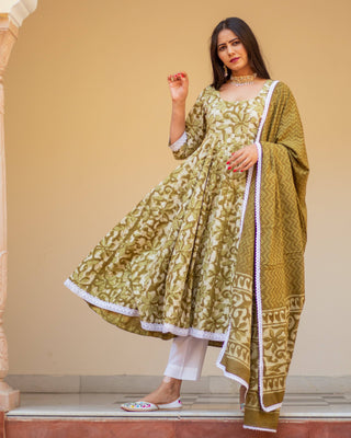 Cotton Dress Set - Moss Colored Dabu Print - Ria Fashions