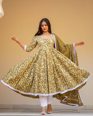 Cotton Dress Set - Moss Colored Dabu Print - Ria Fashions