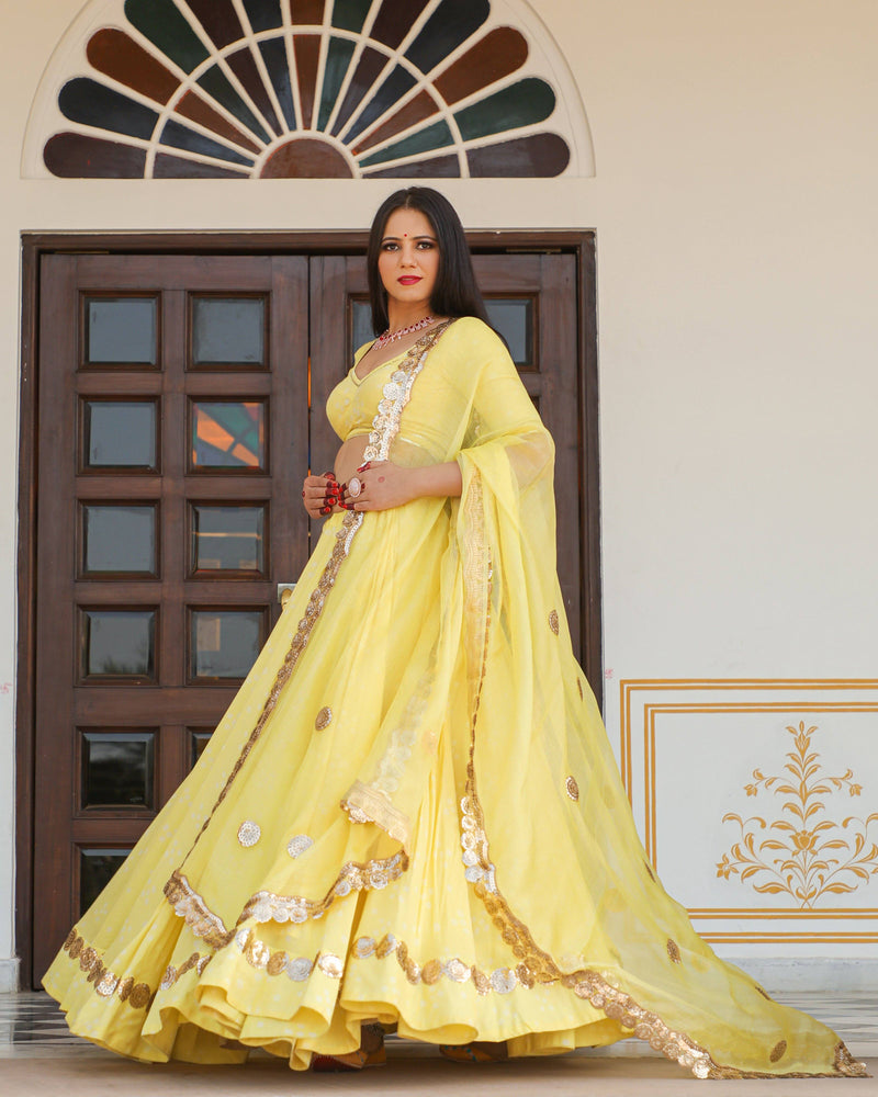 Solid Yellow Mulmul Lehenga Set  with Sitara work - Ria Fashions