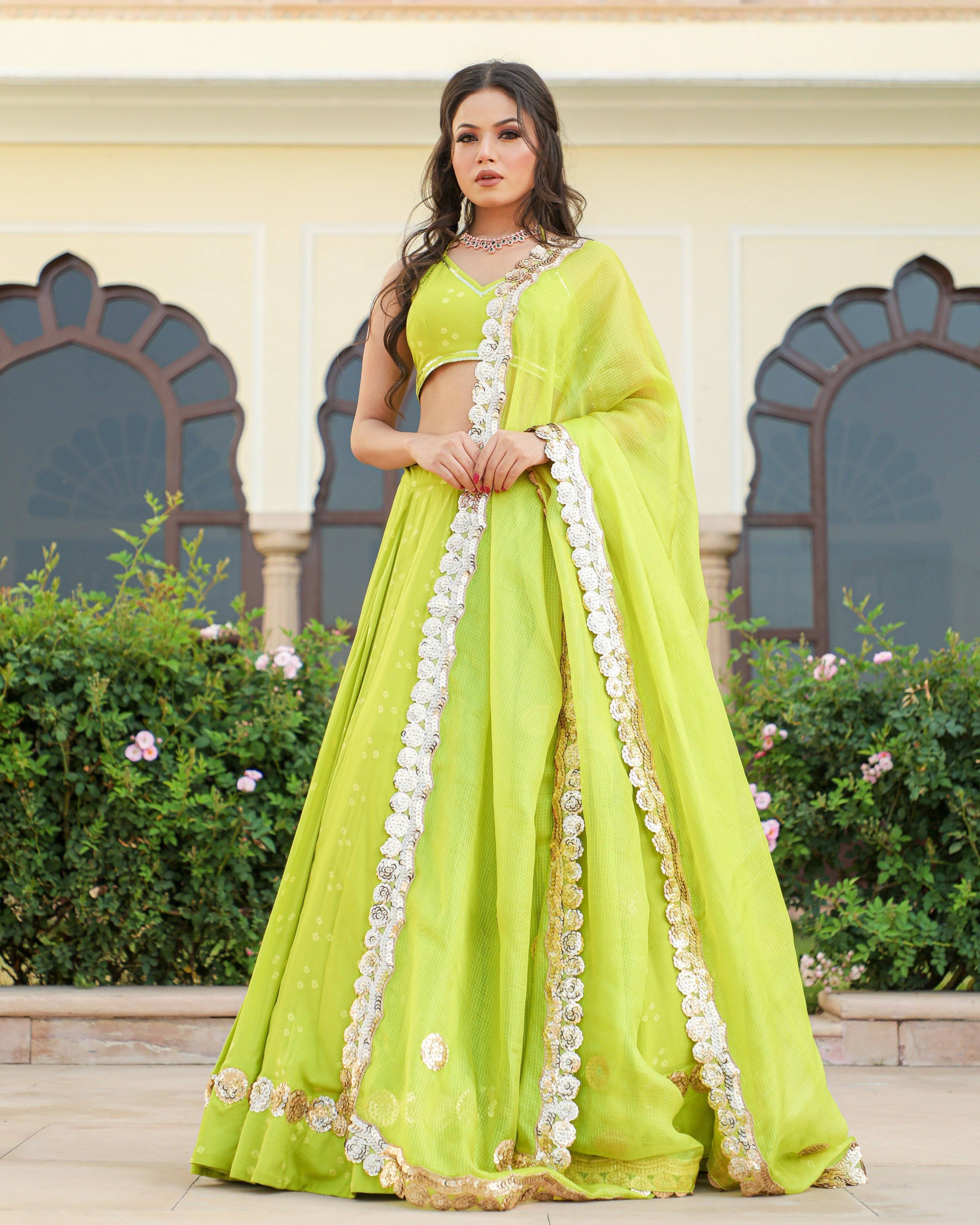 Lime Green Bandhani Modal Silk Lehenga Set with Sitara work