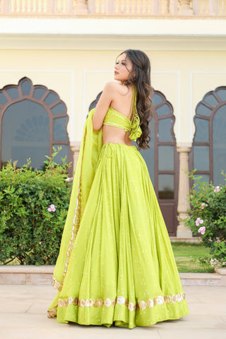 Lime Green Bandhani Modal Silk Lehenga Set with Sitara work - Ria Fashions