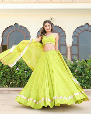 Lime Green Bandhani Modal Silk Lehenga Set with Sitara work - Ria Fashions