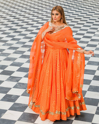 Orange Bandhani Modal Silk Lehenga Set with Sitara work - Ria Fashions