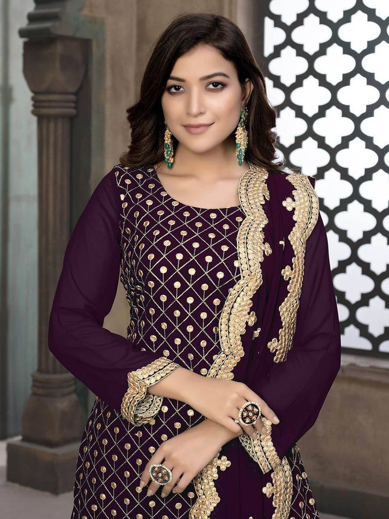 Purple Embroidered Faux Georgette Palaazo Suit - Ria Fashions