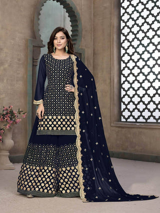 Navy Blue Embroidered Faux Georgette Palaazo Suit - Ria Fashions