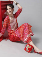 Red-White Bandhani Suit Set with Dupatta - Ria Fashions