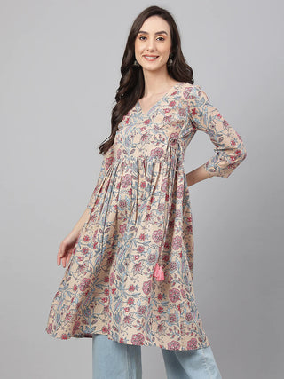 Cotton Beige Floral Print Angrakha Kurta