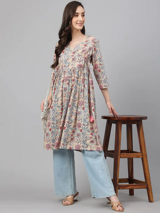 Cotton Beige Floral Print Angrakha Kurta