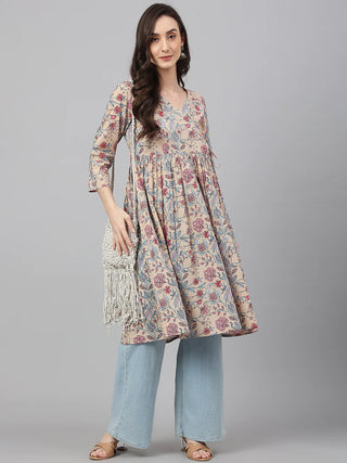 Cotton Beige Floral Print Angrakha Kurta