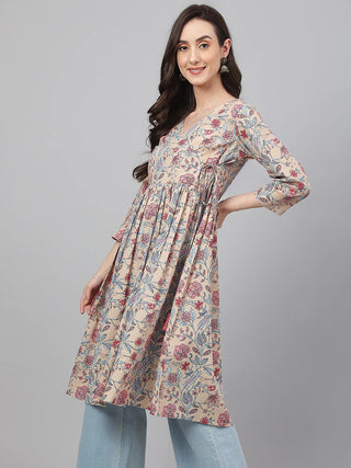 Cotton Beige Floral Print Angrakha Kurta