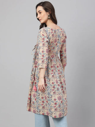 Cotton Beige Floral Print Angrakha Kurta