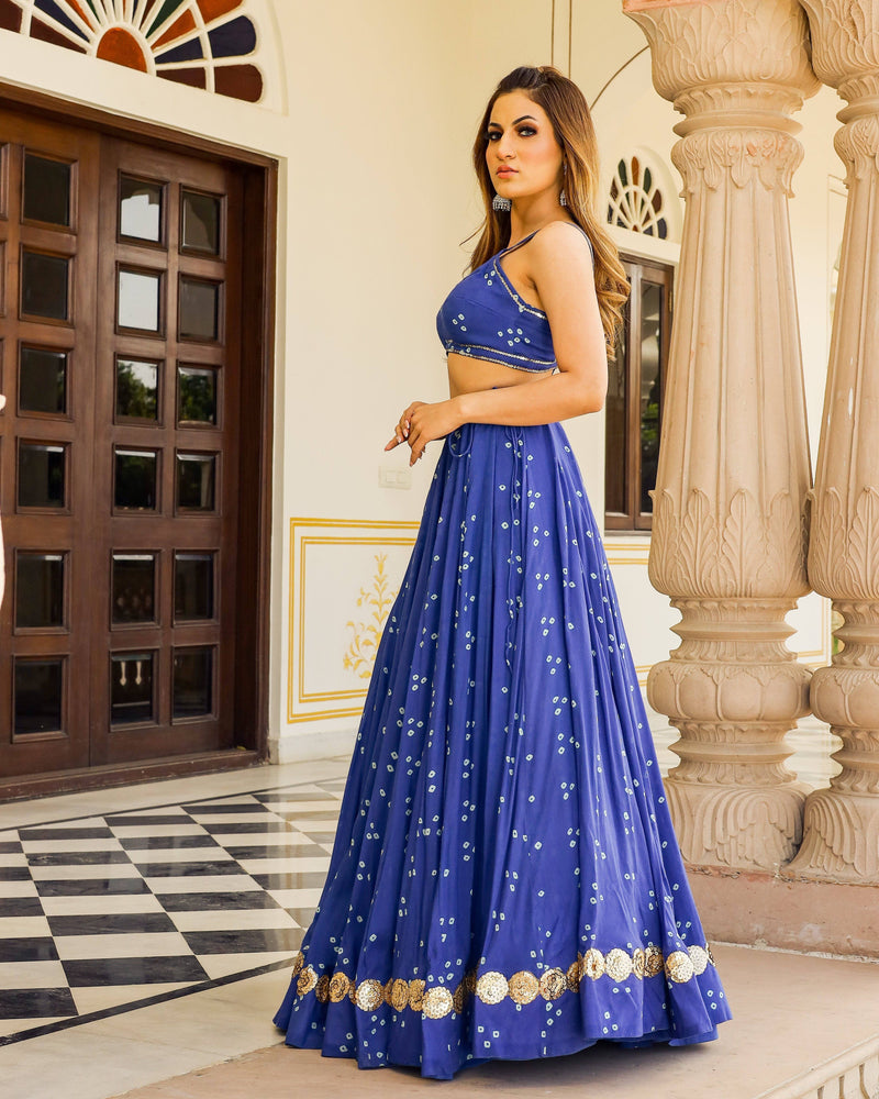 Navy Blue Bandhani Modal Silk Lehenga Set with Sitara work - Ria Fashions