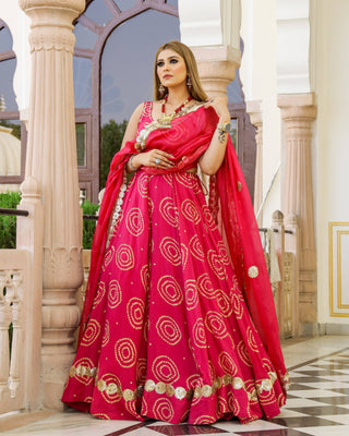 Red Bandhani Modal Silk Lehenga Set with Sitara work - Ria Fashions