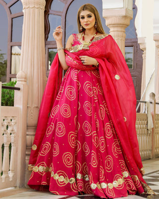 Red Bandhani Modal Silk Lehenga Set with Sitara work - Ria Fashions