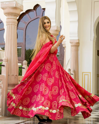 Red Bandhani Modal Silk Lehenga Set with Sitara work - Ria Fashions