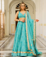 Sea Water Blue Bandhani Modal Silk Lehenga Set with Sitara work - Ria Fashions