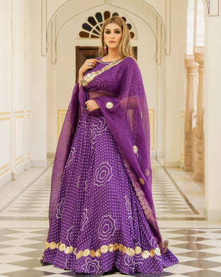 Purple Bandhani Modal Silk Lehenga Set with Sitara work - Ria Fashions