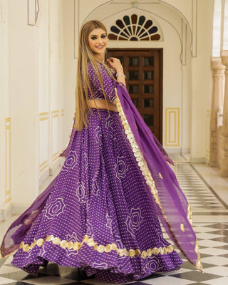 Purple Bandhani Modal Silk Lehenga Set with Sitara work - Ria Fashions
