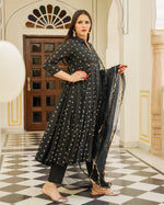 Kurta Pant Set Anarkali Style with Bandhej Modal - Black - Ria Fashions