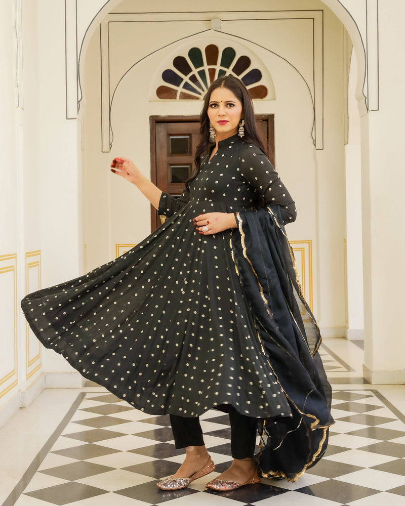 Kurta Pant Set Anarkali Style with Bandhej Modal - Black - Ria Fashions