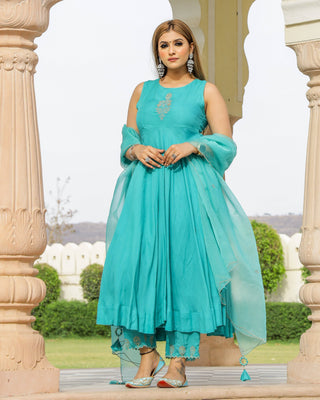Kurta Pant Set Anarkali Style with Duppata and Modal Embroidery - Isa - Ria Fashions