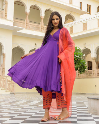 Kurta Pant Set Anarkali Style with Duppata and Modal Embroidery -Jolie - Ria Fashions