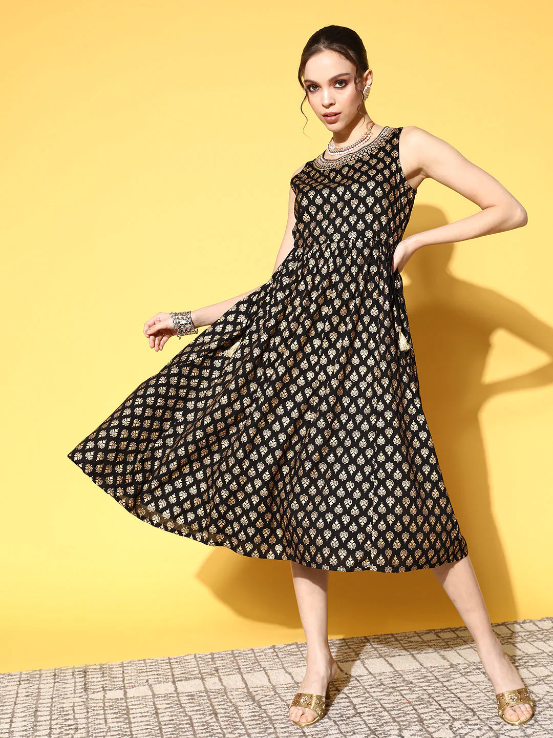 Black Cotton Gold Foil Print A Line Dress Party Wear Dress