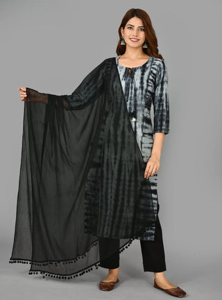 Cotton Black Tie Dye Suit Set with Dupatta