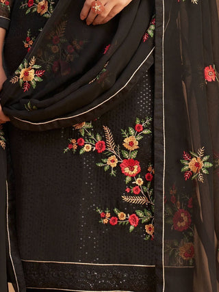 Black Sequins Thread & Zari Embroidered Georgette Kurta & Dupatta with Dull Santoon Bottom