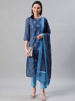 Blue Printed Suit Set With Dupatta - Ria Fashions