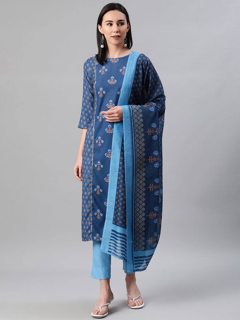Blue Printed Suit Set With Dupatta - Ria Fashions