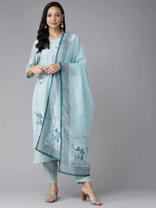 Blue Silk Floral Embroidered Suit Set with Poy Chiffon Dupatta