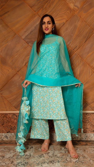 Cotton Blue Printed Straight Cut Suit Set with Organza Dupatta