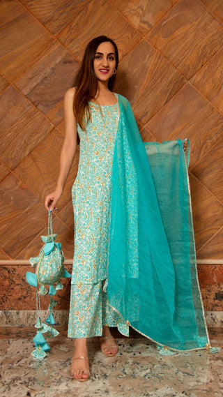 Cotton Blue Printed Straight Cut Suit Set with Organza Dupatta
