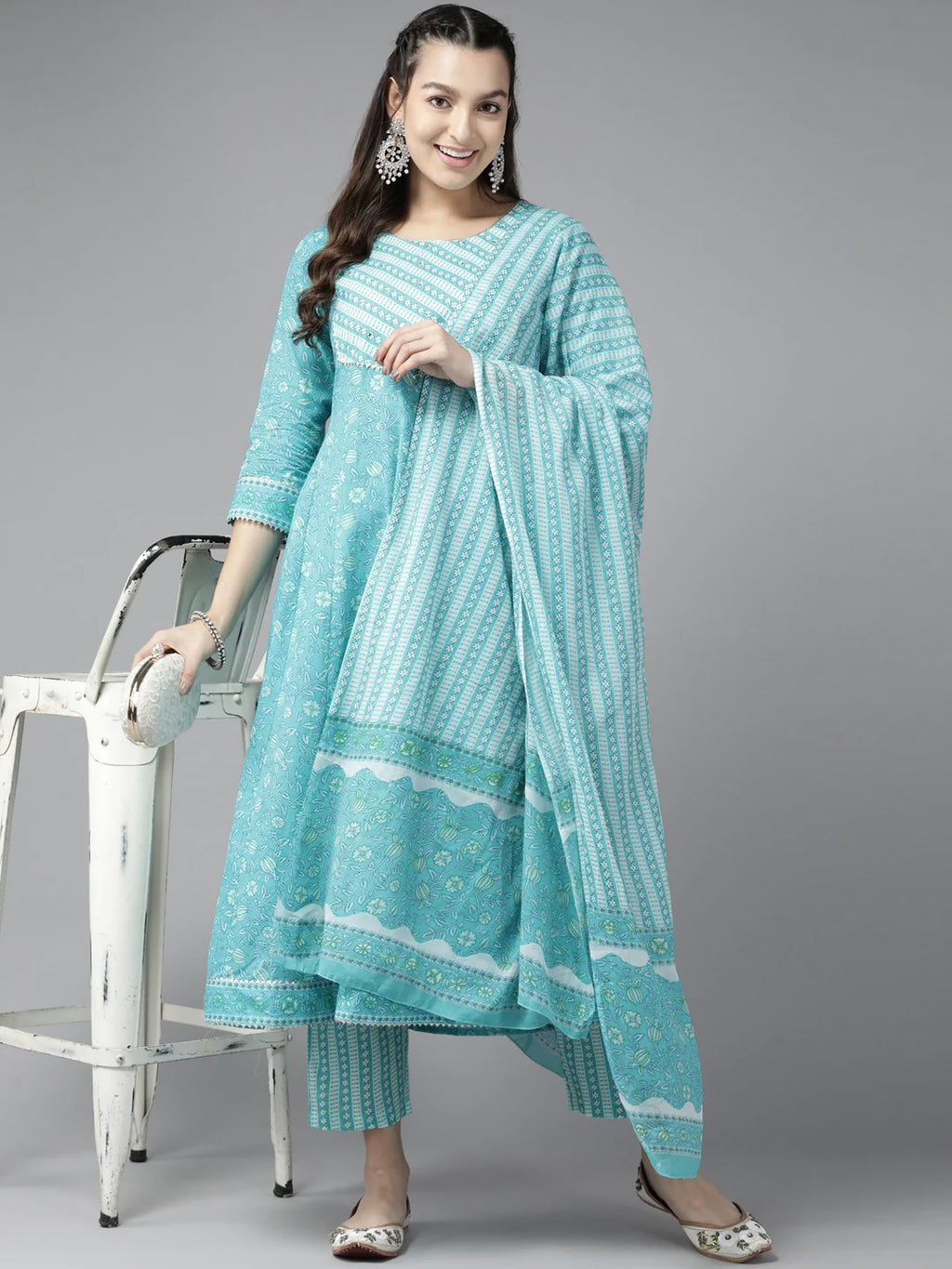 Pure Cotton Blue Printed Anarkali Suit Set with Voile Dupatta