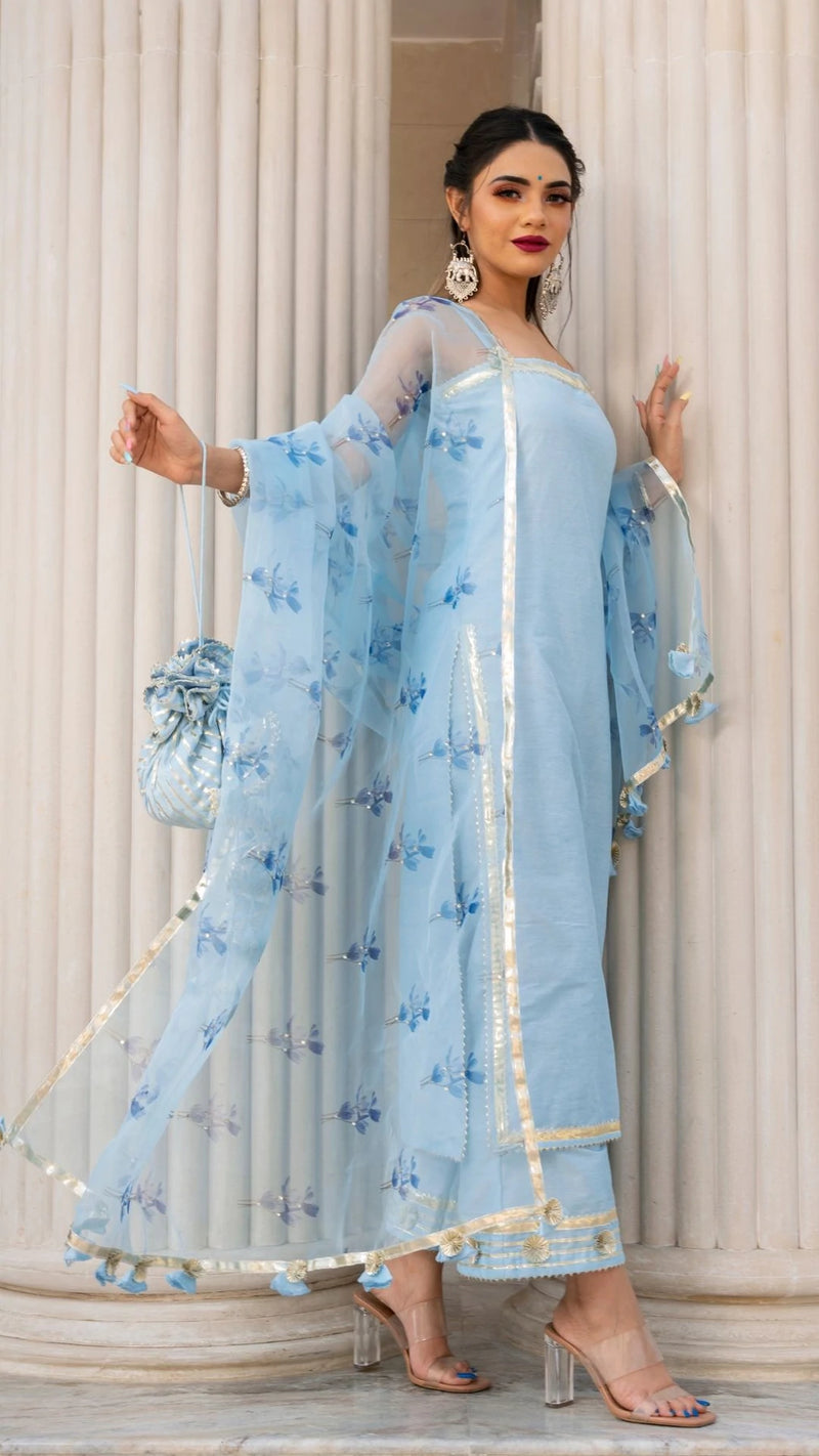 Cotton Silk Blue Suit Set with Organza Dupatta - Ria Fashions
