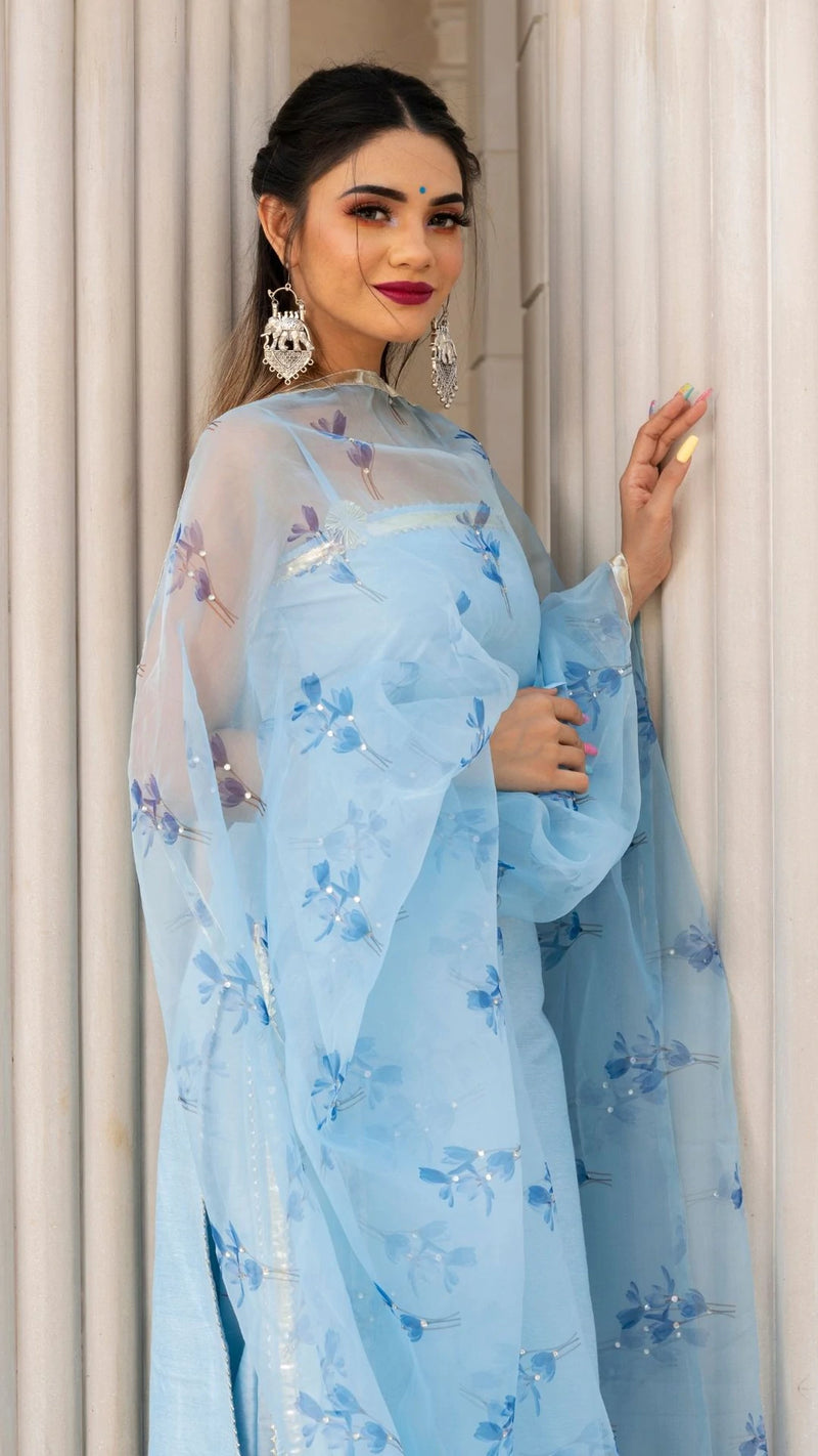 Cotton Silk Blue Suit Set with Organza Dupatta - Ria Fashions