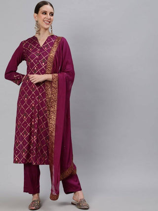 Burgundy Sequence Work Suit Set with Dupatta - Ria Fashions