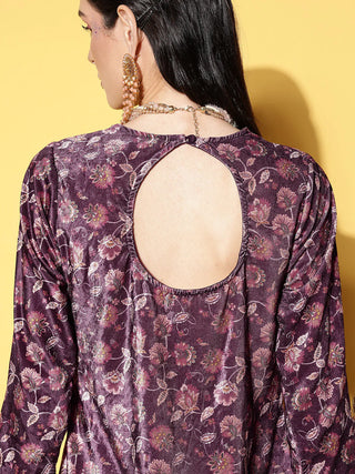 Burgundy Velvet Embroidered & Printed Sharara Set with Dupatta