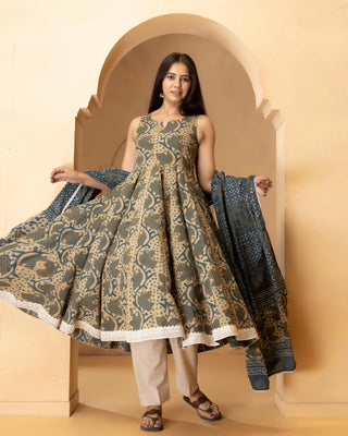 Beige & Blue Cotton Printed Anarkali Suit Set with Dupatta