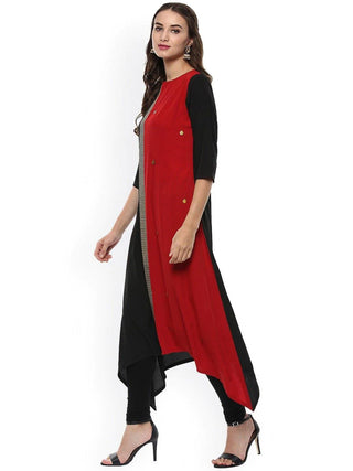 Solid Black & Red Poly Crepe Kurta