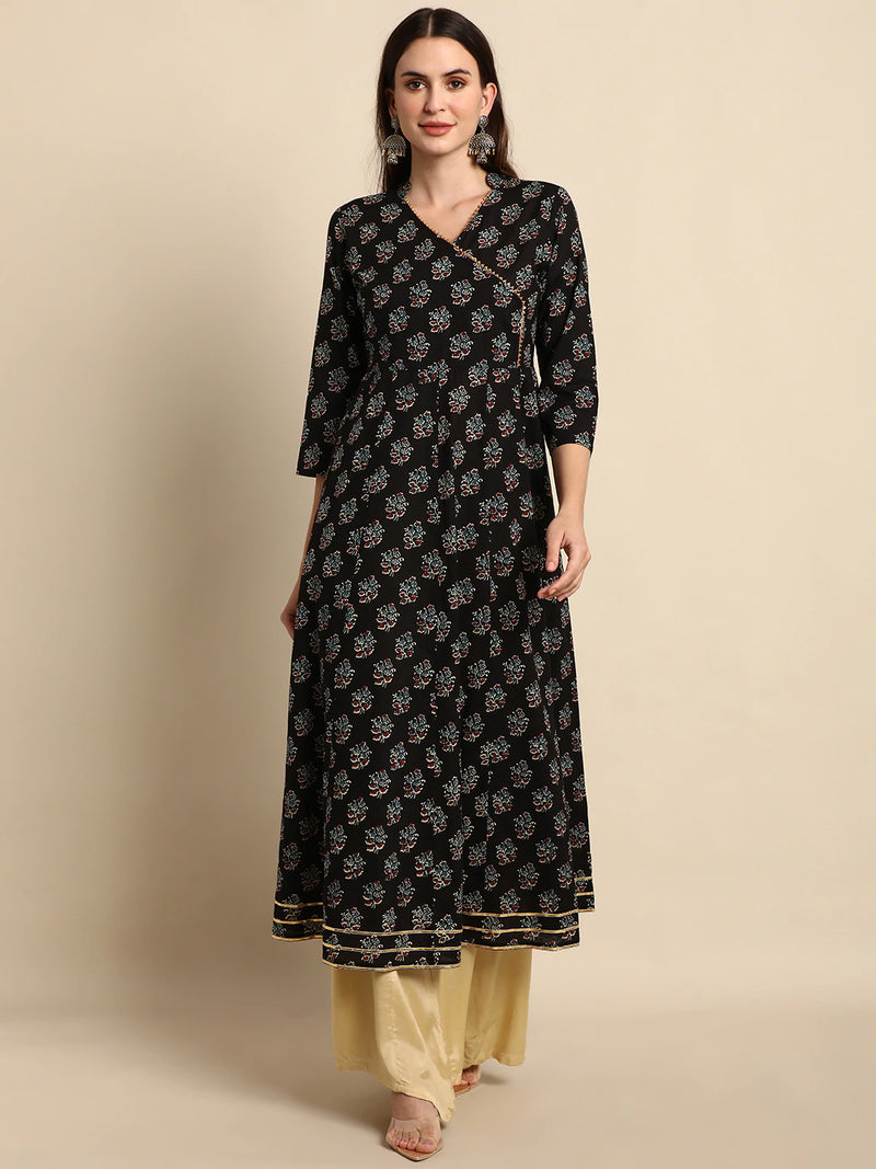 Cotton Black Floral Print Anarkali Style Kurta - Ria Fashions