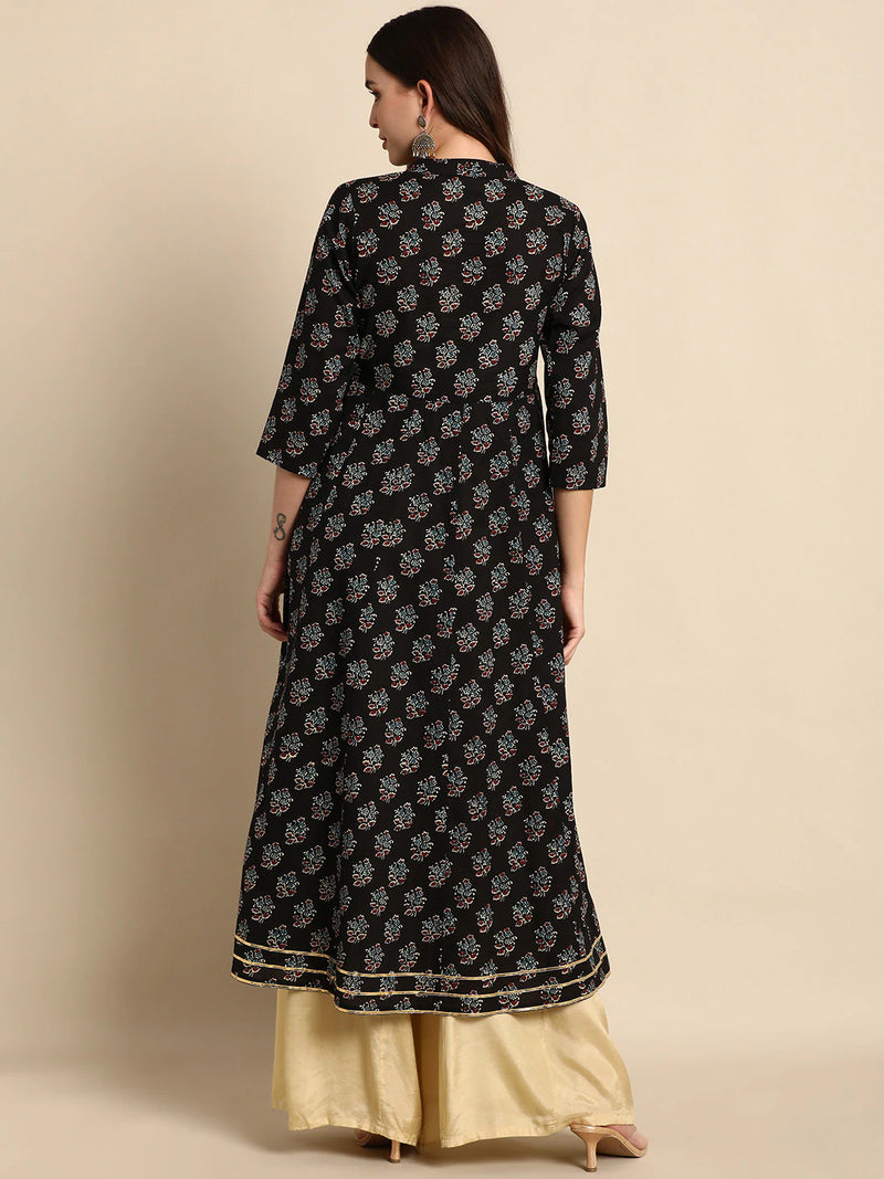 Cotton Black Floral Print Anarkali Style Kurta - Ria Fashions